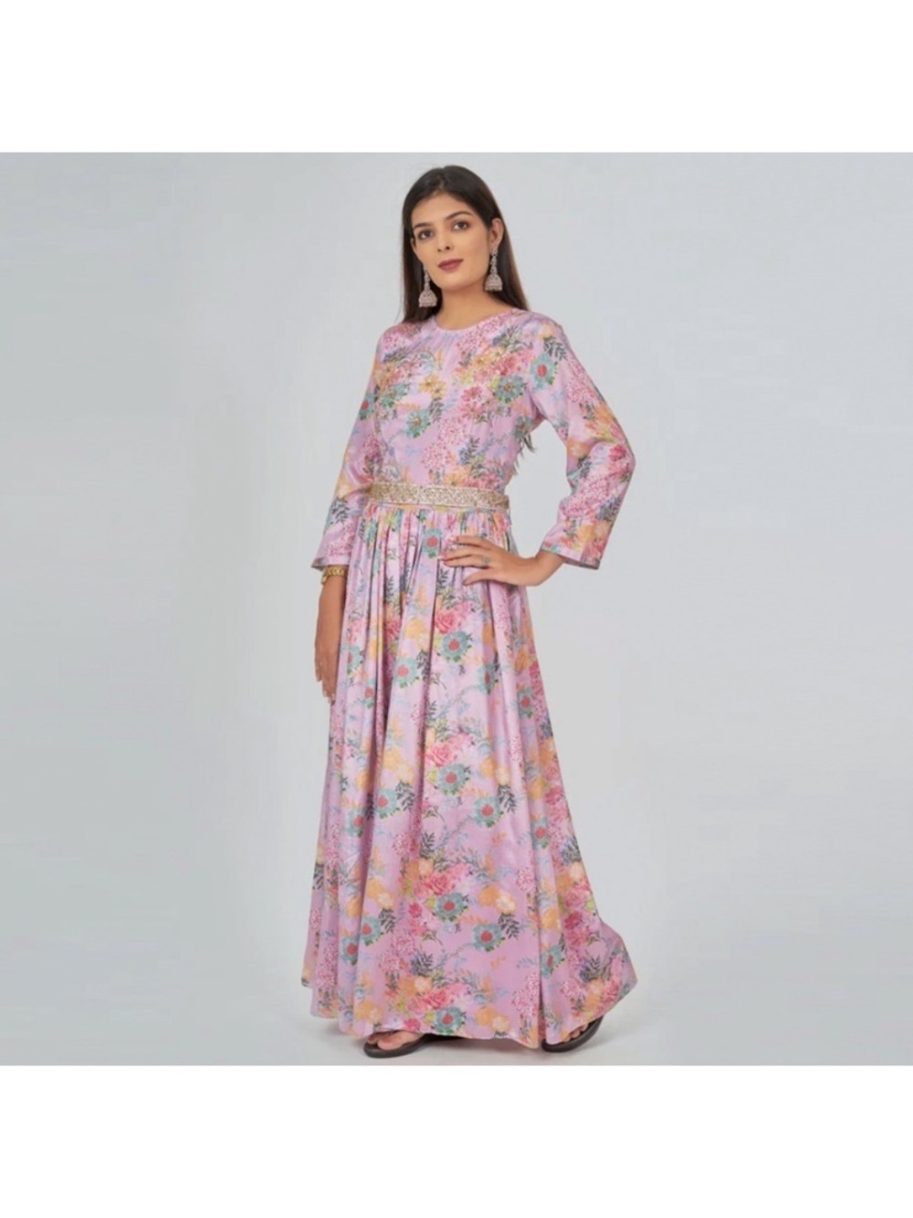 KALKI Blue Floral Wide-Leg Georgette Jumpsuit Zipper Sheer Back Flowy Size XS
